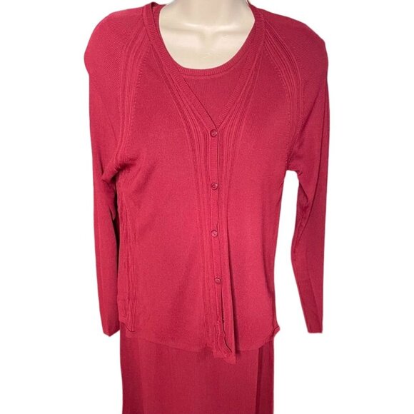 Womens Cardigan Knit Dress Set Red 2 Piece Coordinating Midi Size Medium u - Picture 2 of 13